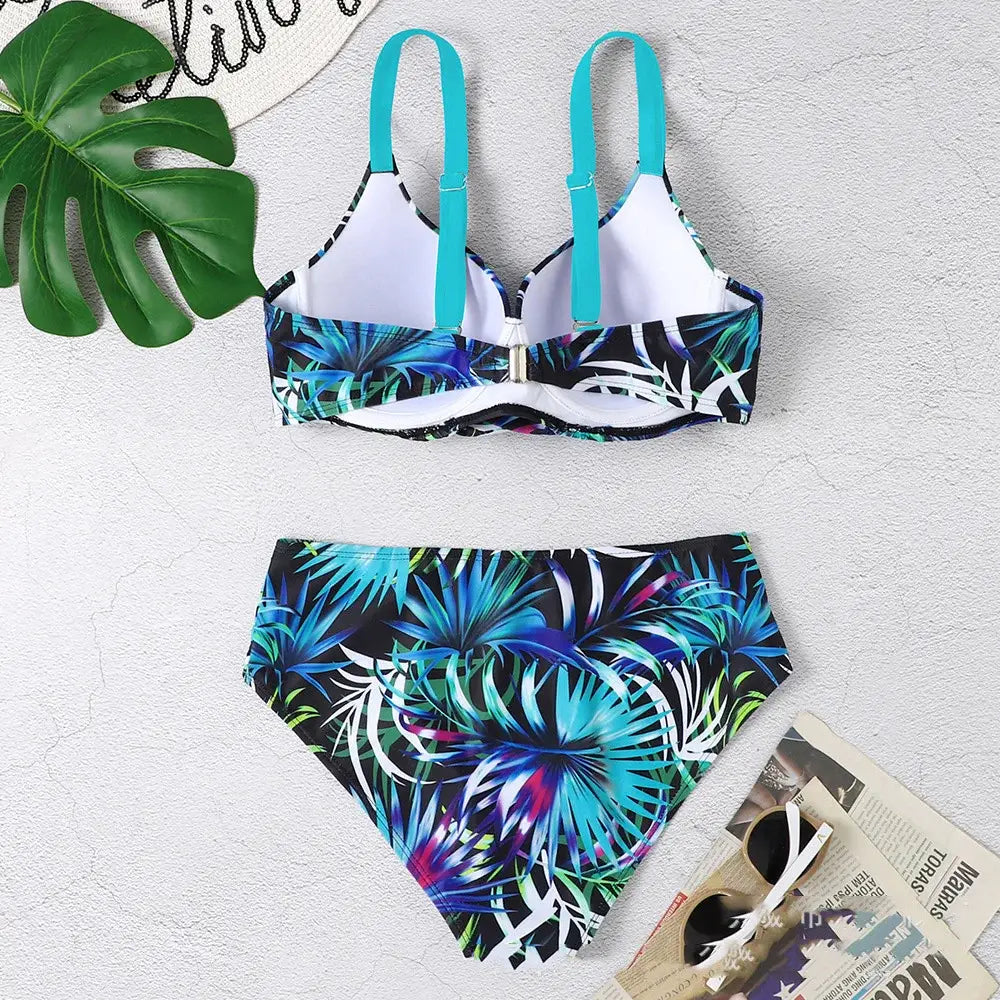 Tropical High Waisted Push Up Bikini Sets with Underwire