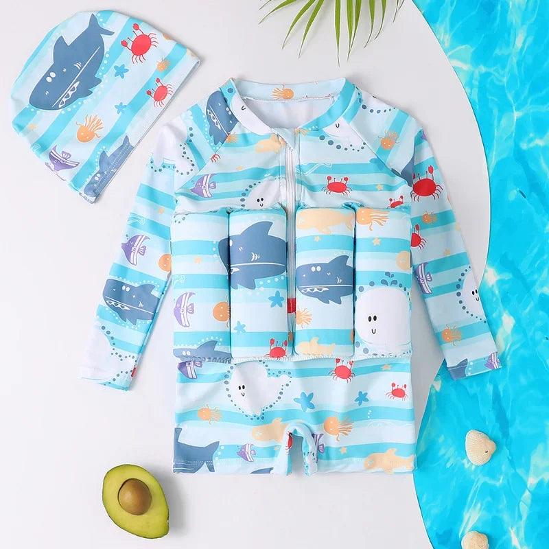 Kids cartoon buoyancy one piece swimsuit in blue and white stripes with shark crab and starfish prints for swimming training