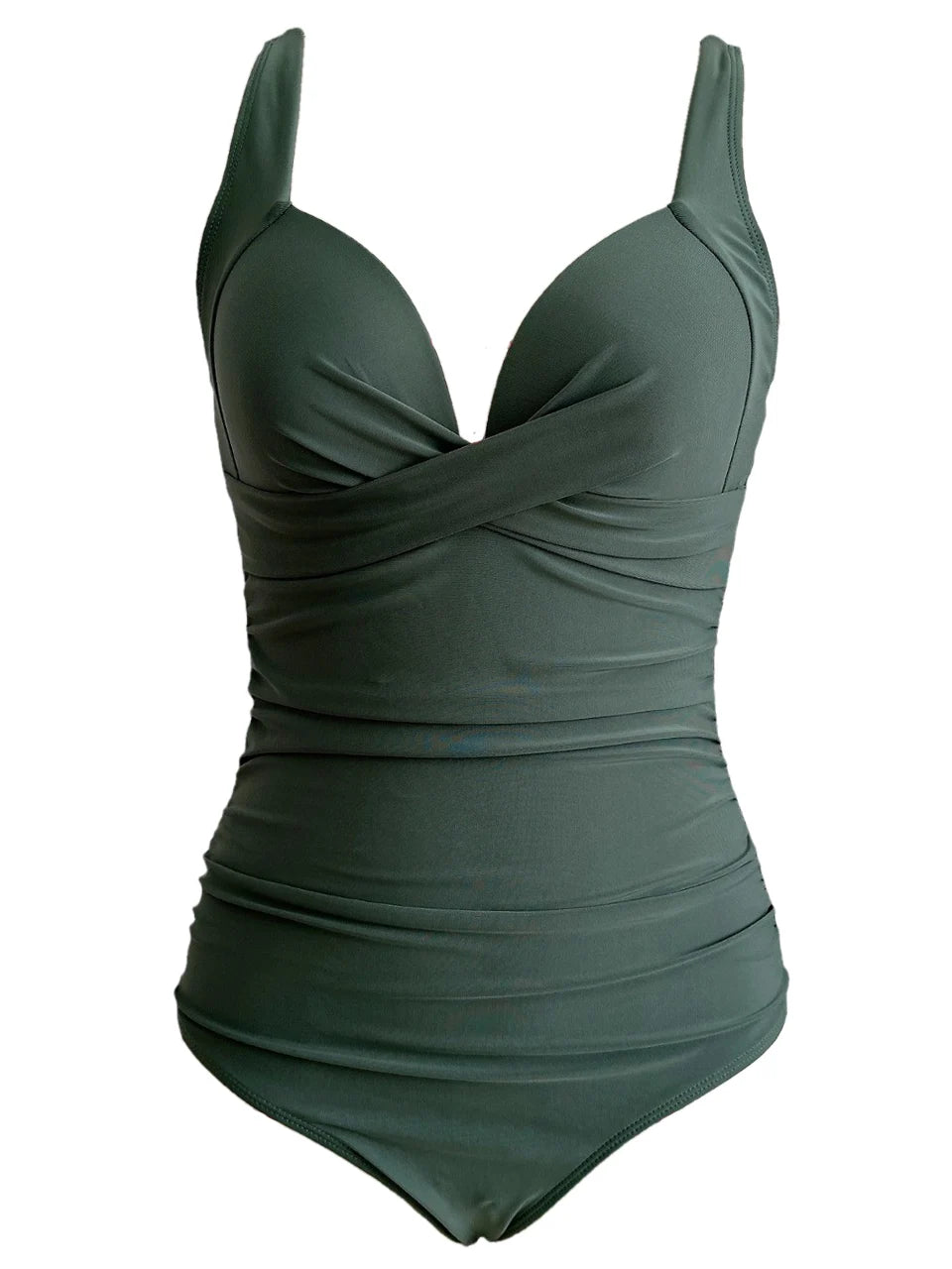army green cross strap ruched one piece swimsuit with cutout bodice laid flat