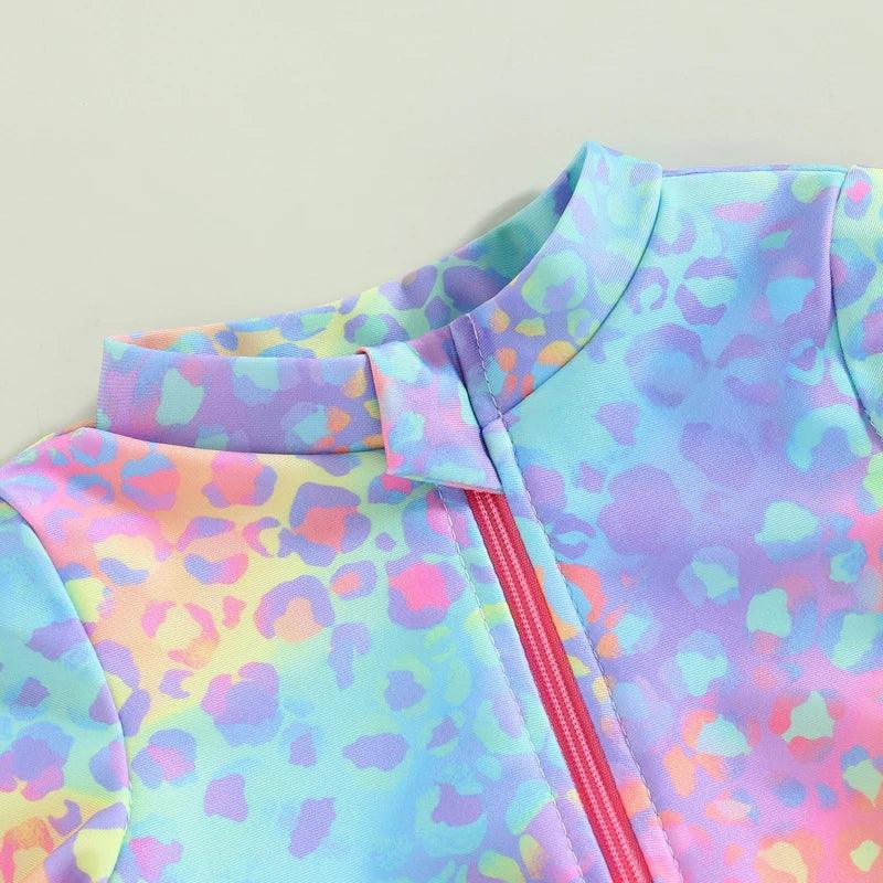 Baby girls fish scale long sleeve mermaid swimsuit with vibrant iridescent pastel leopard print and bright red zipper
