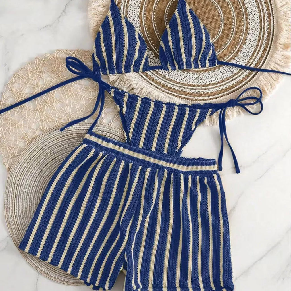 Three‑Piece Mesh Bikini Set – Lace‑Up Neck & Boxer Shorts - blue