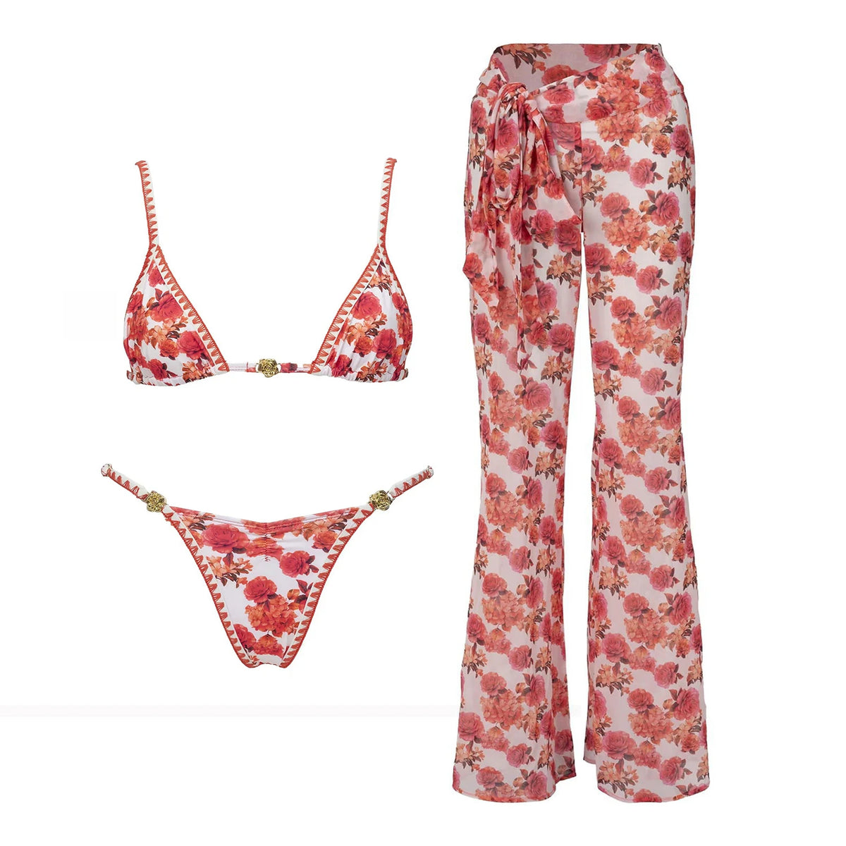 Red floral triangle micro bikini with wide-leg floral pants set flat lay