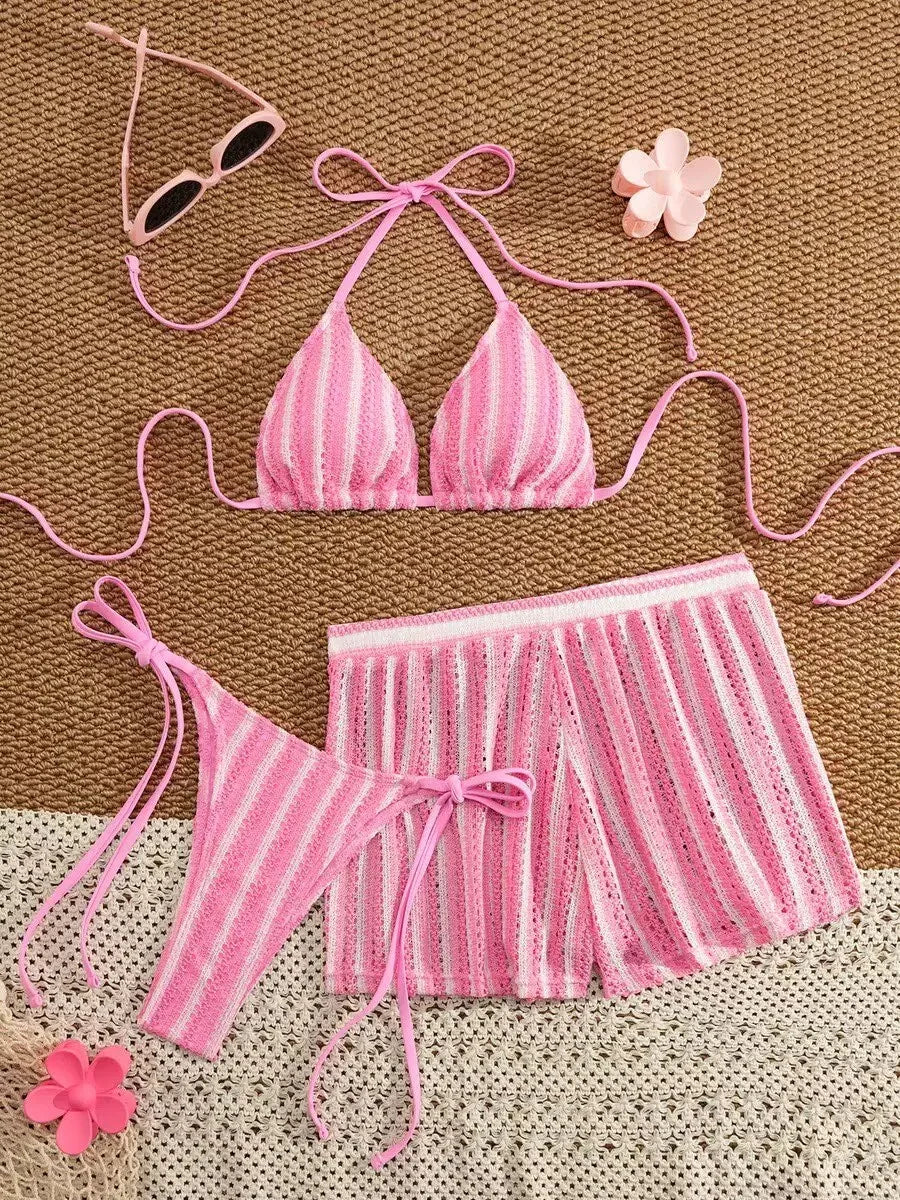 Three‑Piece Mesh Bikini Set – Lace‑Up Neck & Boxer Shorts - Pink