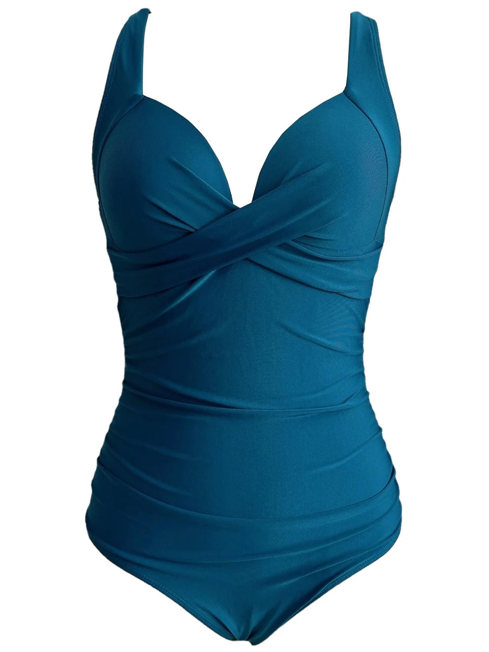 peacock blue cross strap ruched one piece swimsuit with cutout bodice laid flat