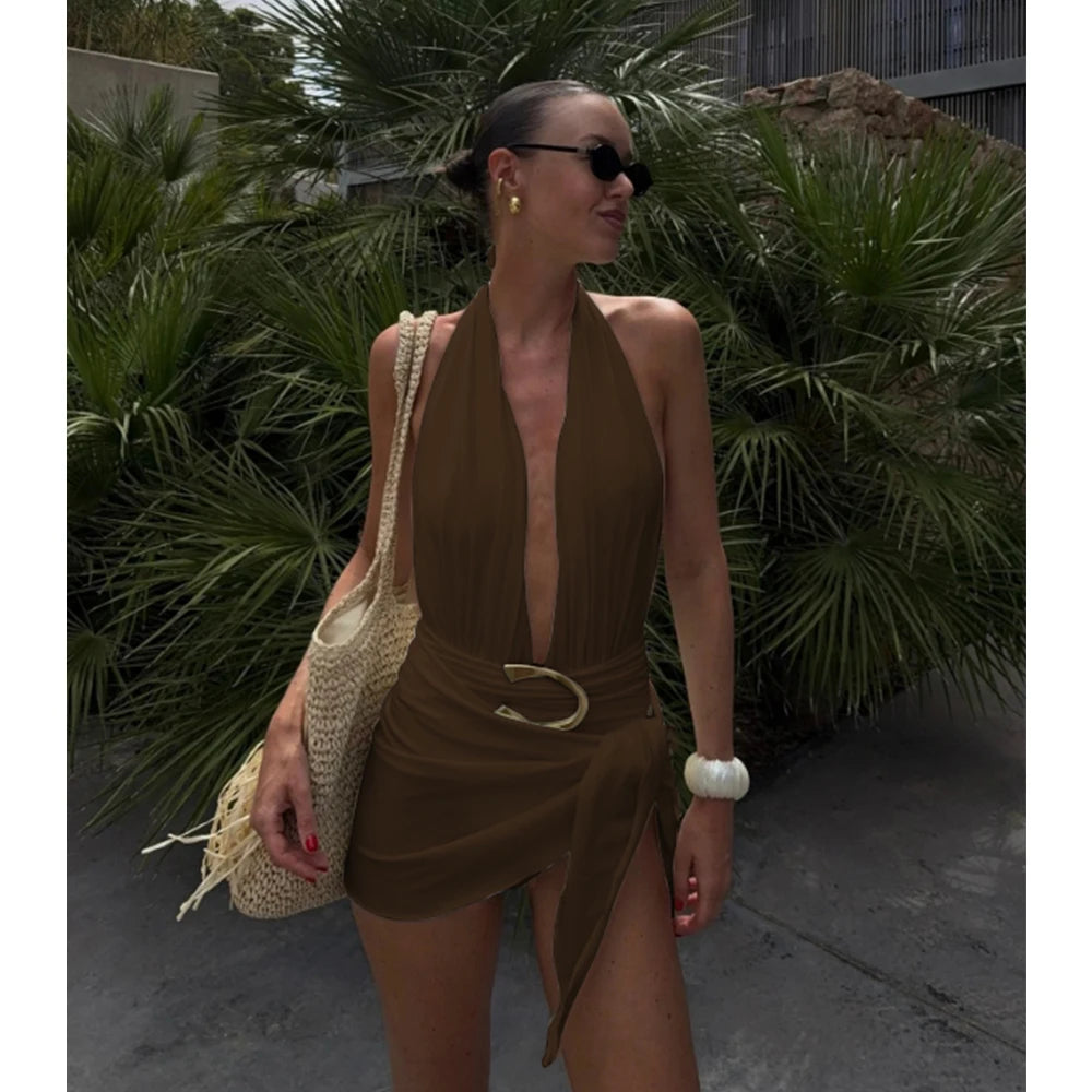 Halter Deep‑V One‑Piece Swimsuit with Sarong Mini Skirt - Brown