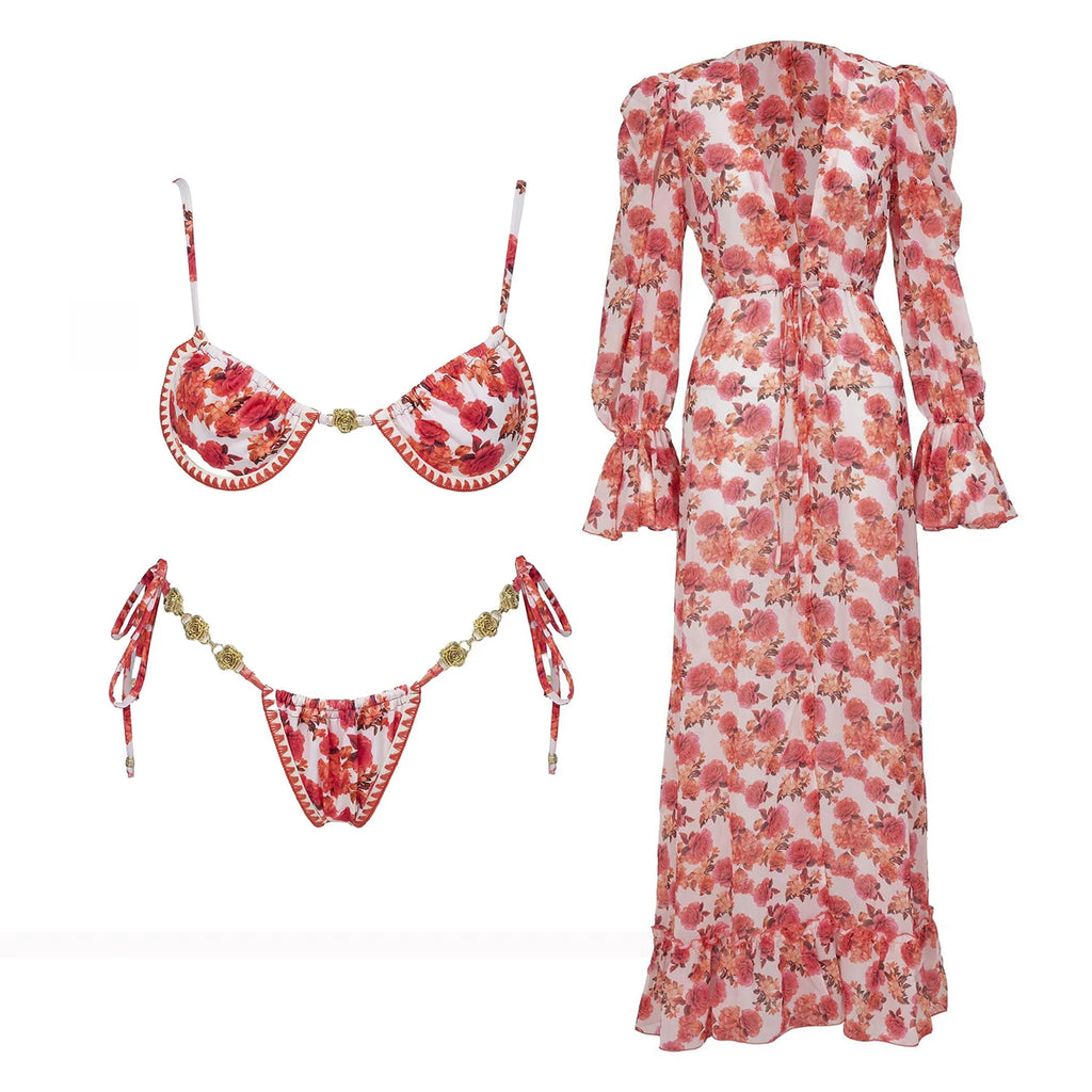 Strappy red floral micro bikini with long-sleeve ruffle floral dress set flat lay
