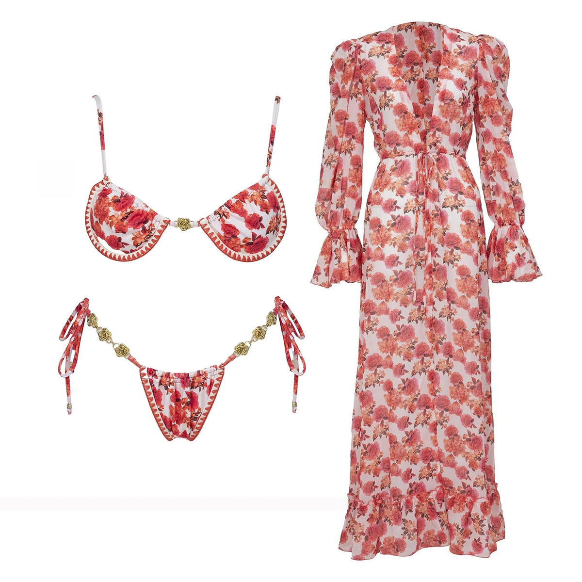 Strappy red floral micro bikini with long-sleeve ruffle floral dress set flat lay