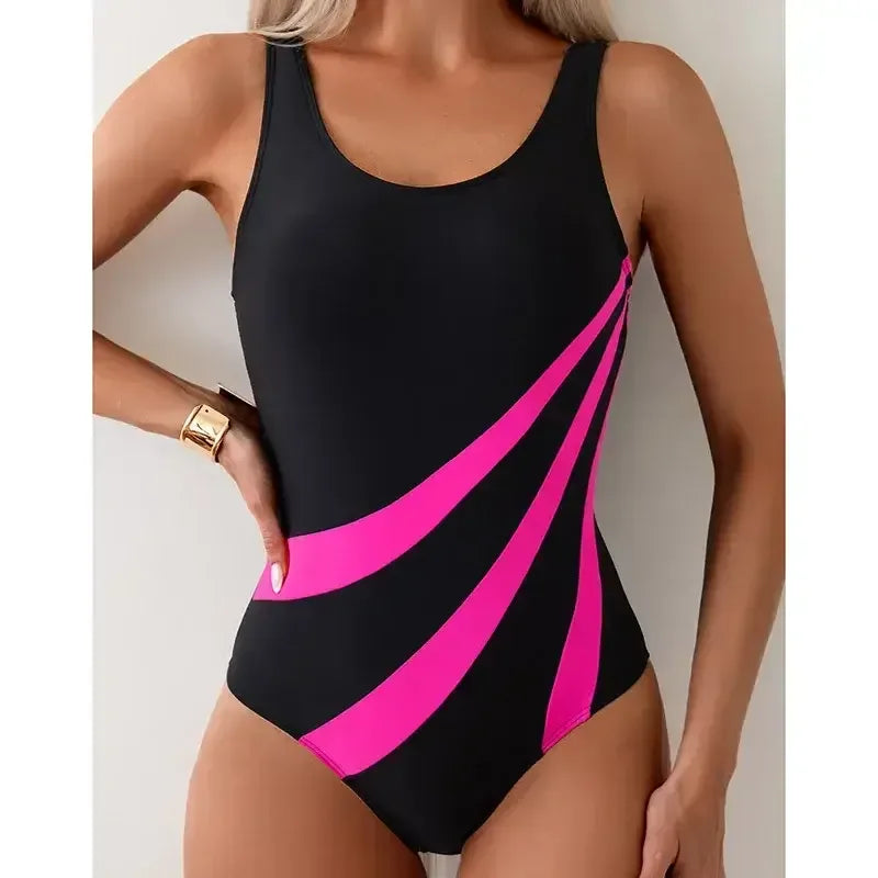 Contrast color push-up one-piece swimsuit, black base with hot-pink diagonal stripes