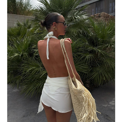 Halter Deep‑V One‑Piece Swimsuit with Sarong Mini Skirt - White2