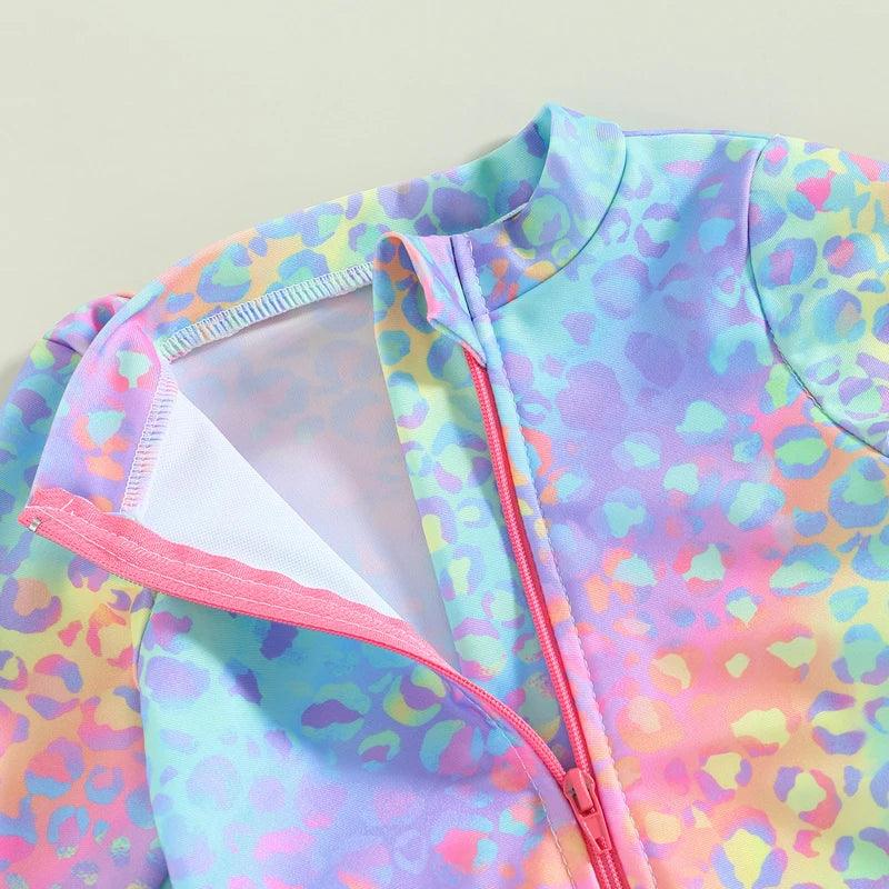 Baby girls fish-scale long-sleeve mermaid swimsuit with vibrant rainbow leopard print zip-up jacket and pink zipper accents