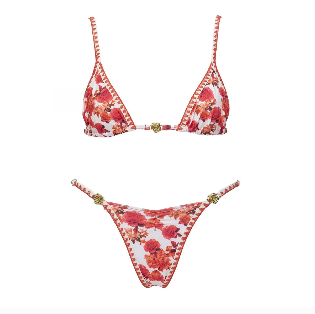 Red floral triangle micro bikini top and beaded Brazilian thong bottom flat lay