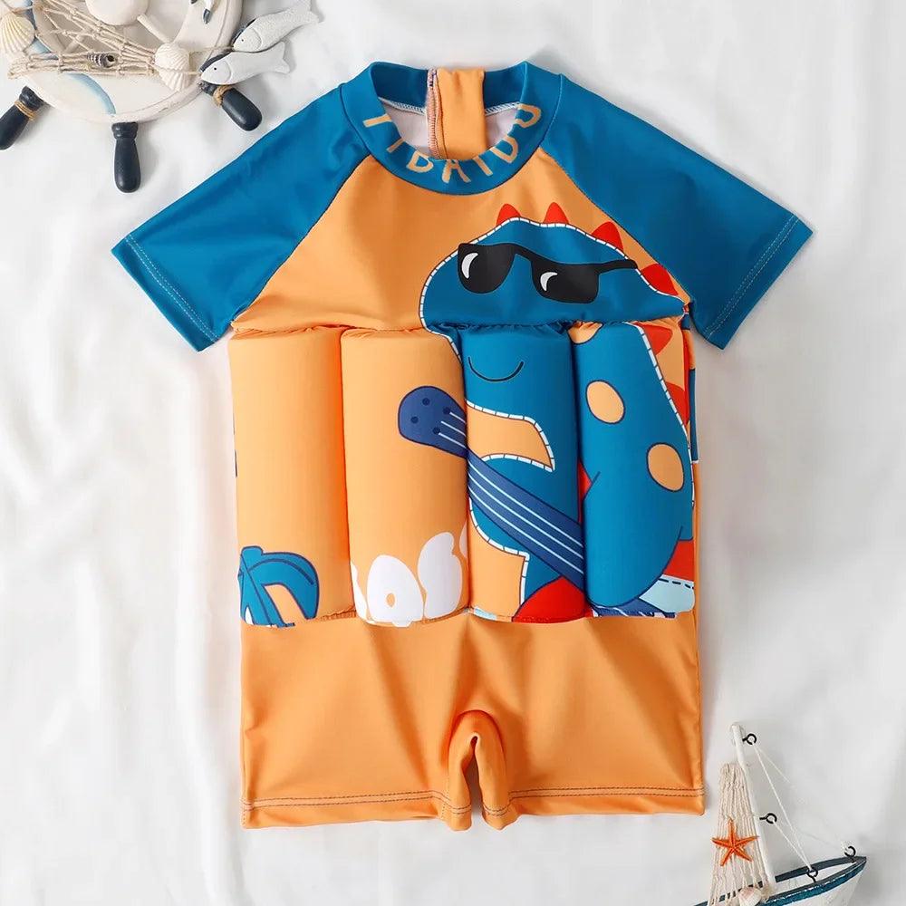 Kids cartoon buoyancy one-piece swimsuit with built-in flotation sleeves in vibrant orange and blue featuring a dino design