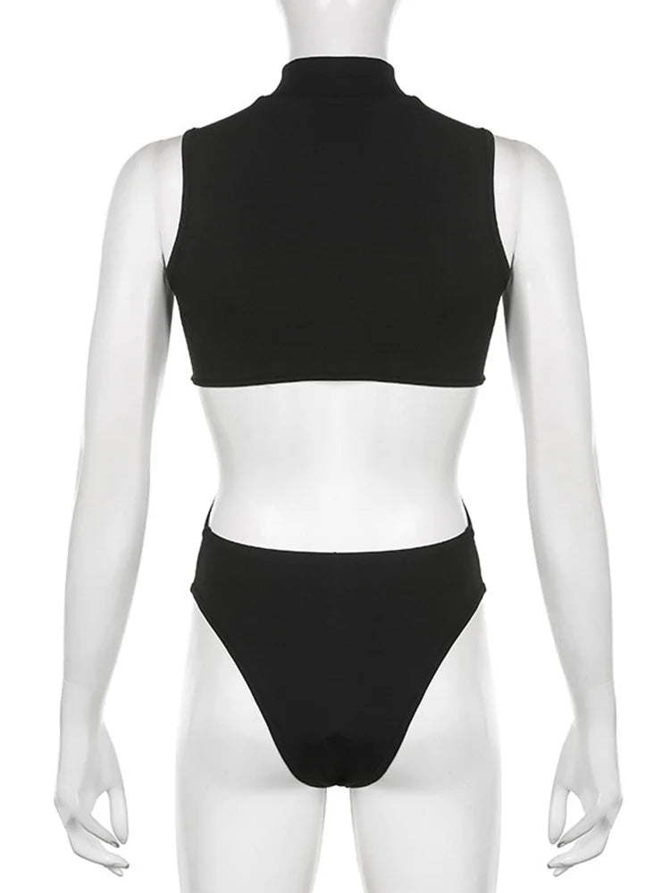 Black bodysuit on a mannequin, back view showing the open back