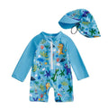 Sky blue long-sleeve zip rash guard swimsuit with sea-life print and tied sun hat