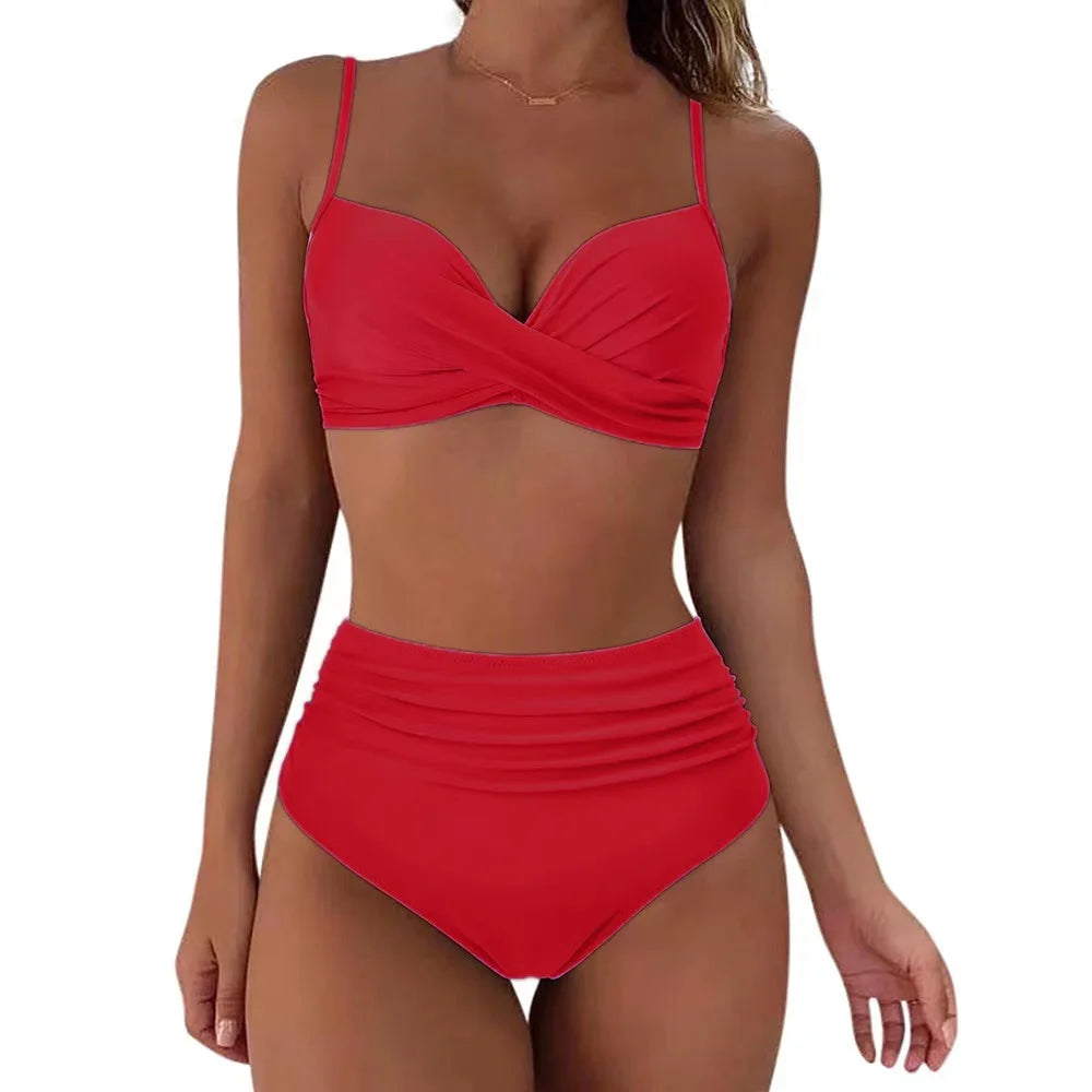 Red vintage high-waist wrap bikini set with ruched cross-front bra top and high-waisted bottoms for women