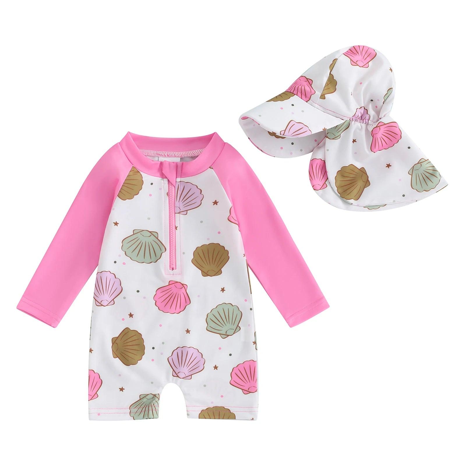 Toddler pink and white floral seashell long-sleeve swimsuit with matching sun hat for tropical sun protection