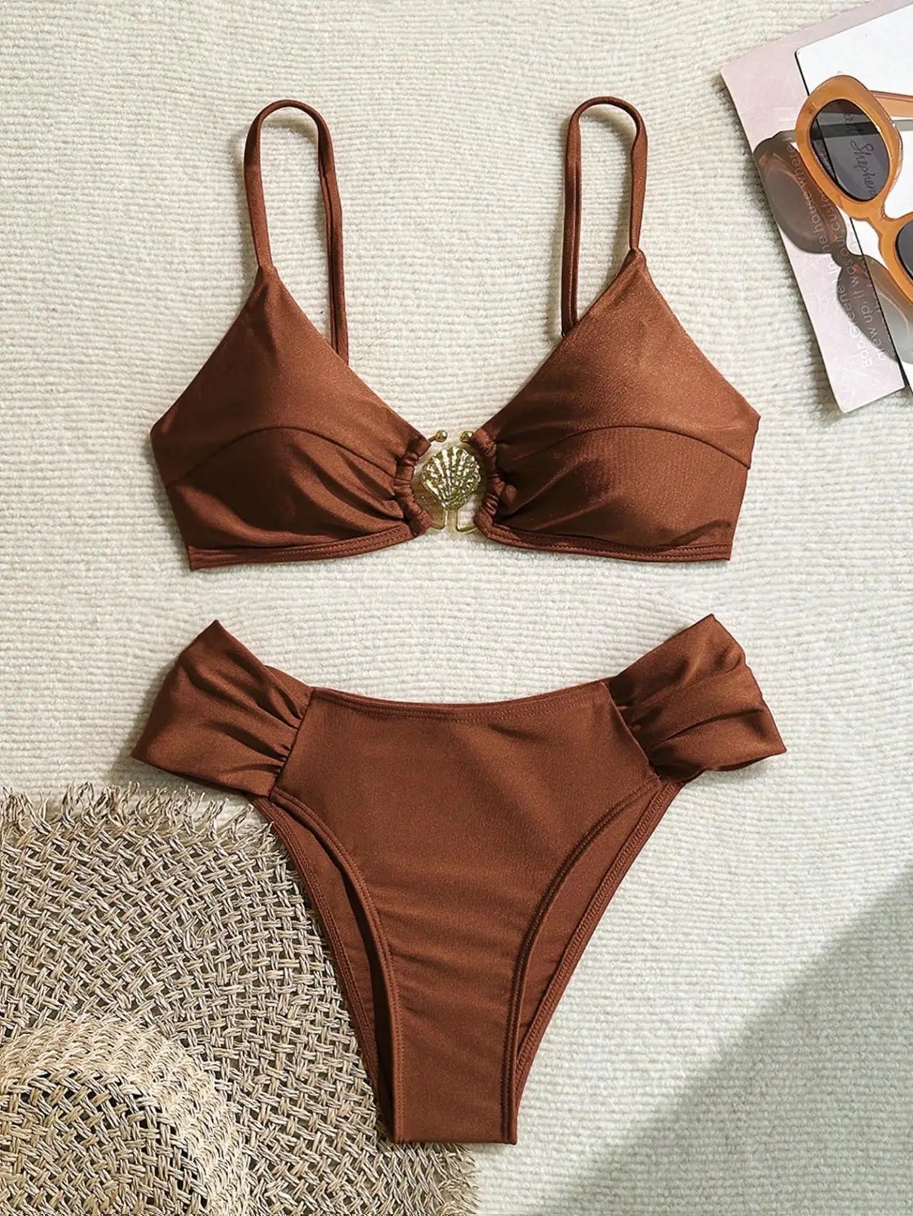 Pleated High‑Waist Bikini Set with Shell Metal Buckle - Coffee