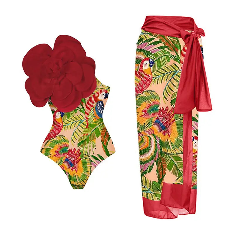 One-Shoulder-Badeanzug mit Blumendruck und Rock