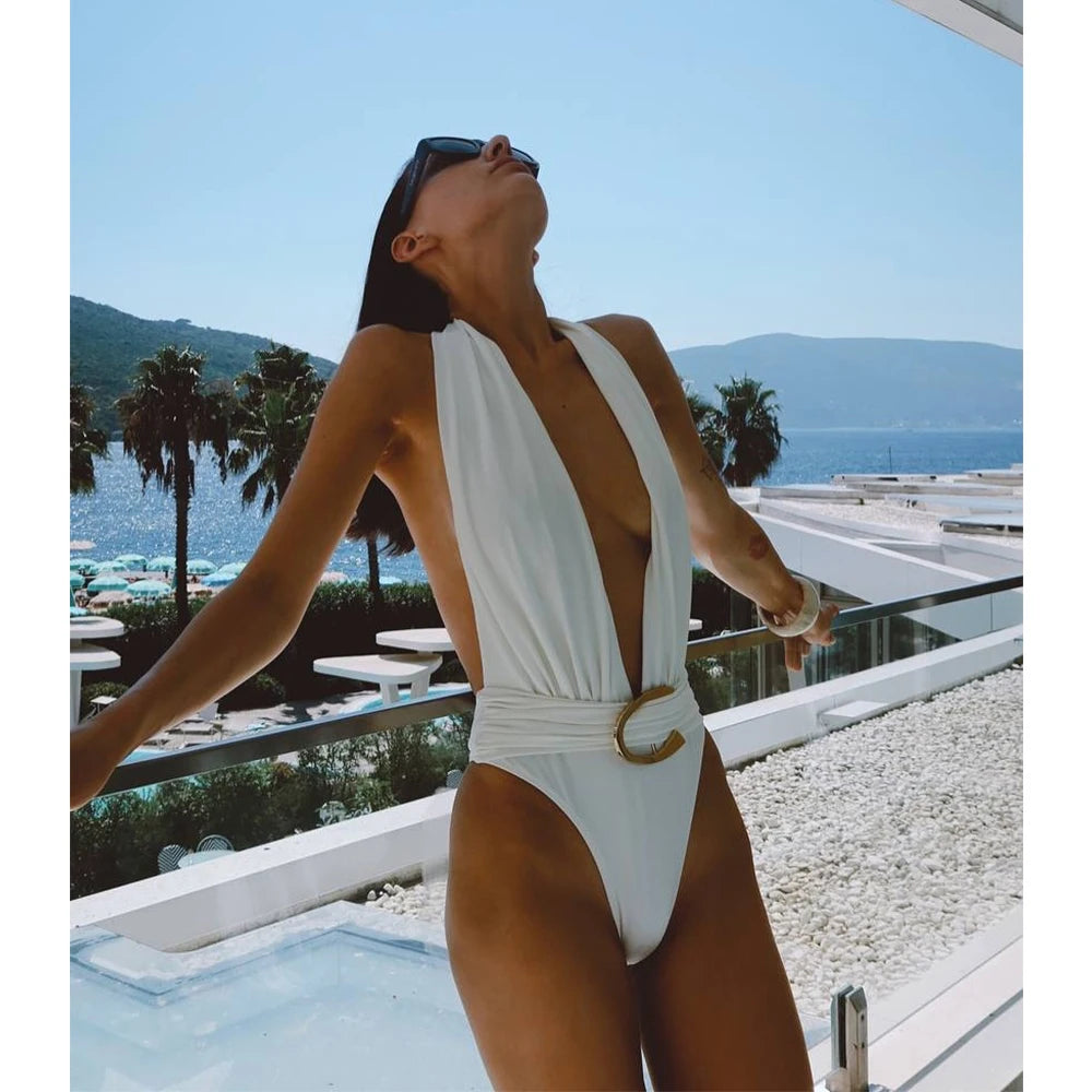 Halter Deep‑V One‑Piece Swimsuit with Sarong Mini Skirt - White4