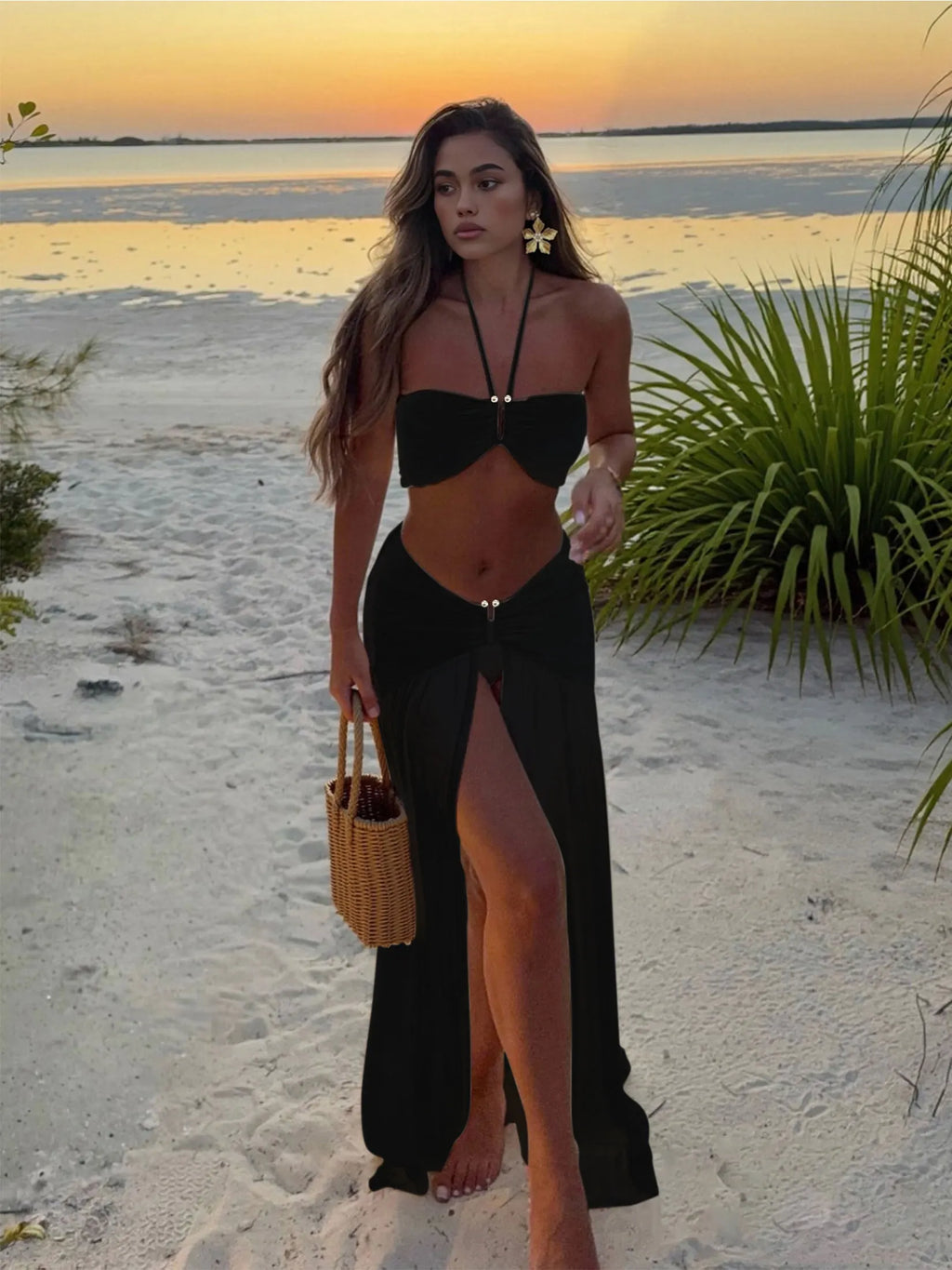 Halter Neck 3‑Piece Bikini Set with Sheer Split Maxi Skirt - Black