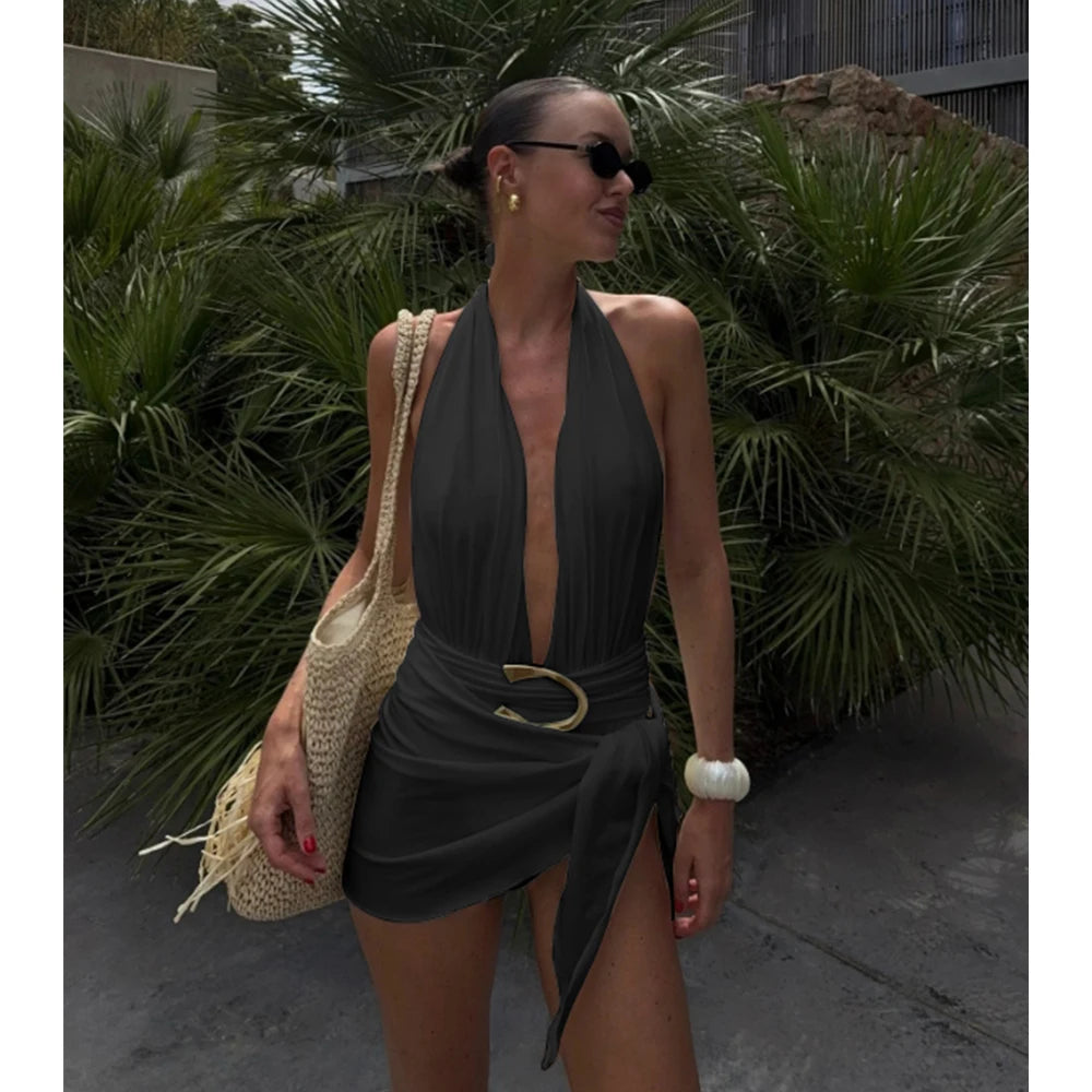 Halter Deep‑V One‑Piece Swimsuit with Sarong Mini Skirt - Dark Green