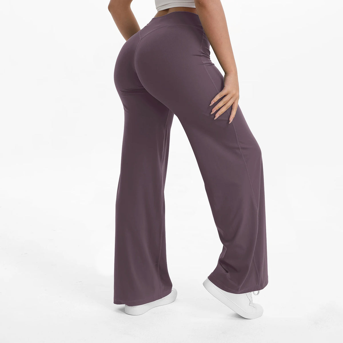 lavender mist mid waist straight leg yoga pants on model