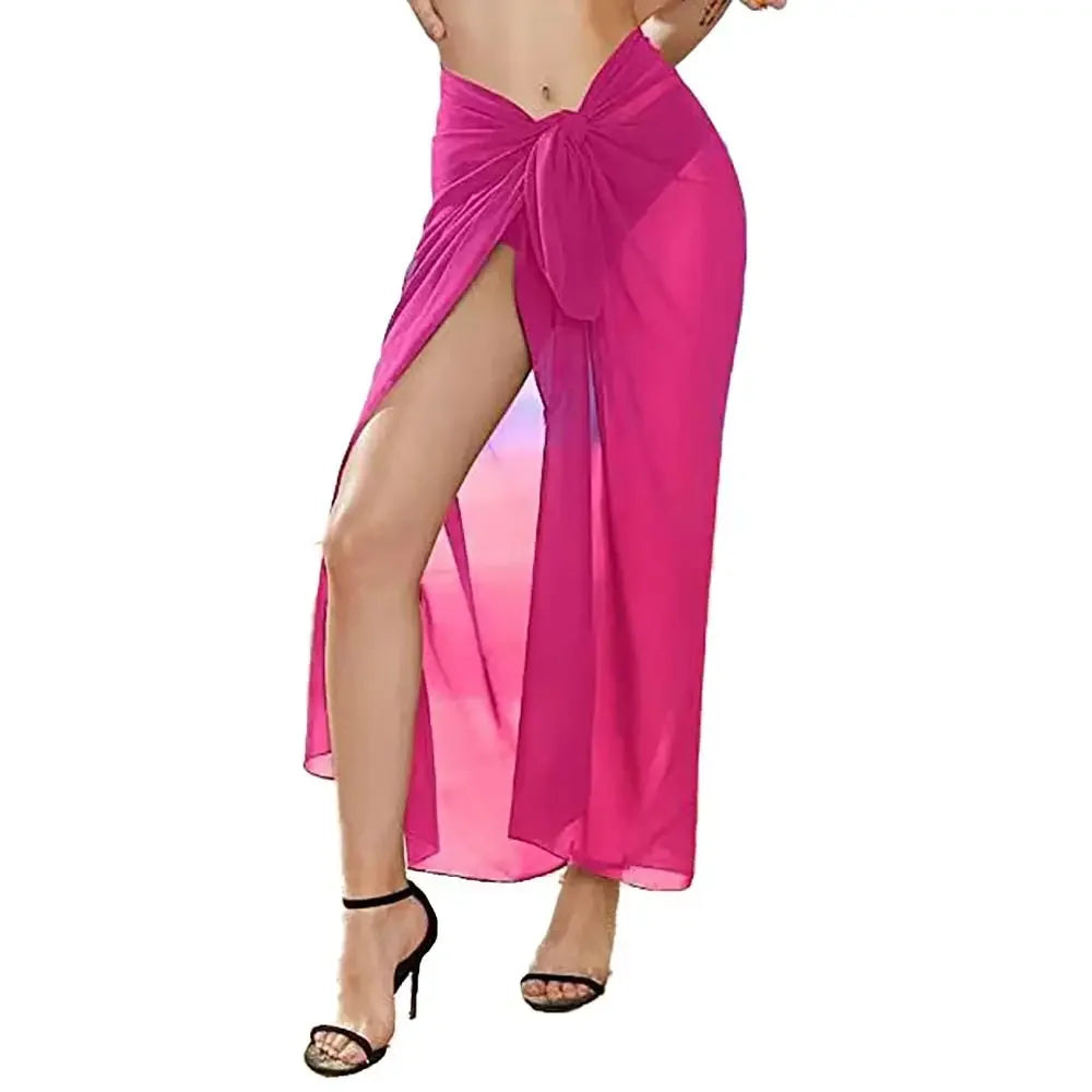model wearing a long hot pink chiffon sarong wrap