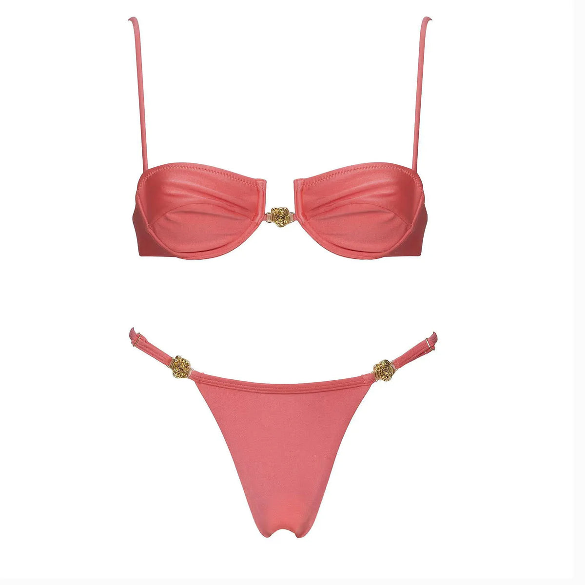 Solid coral underwire micro bikini top and beaded thong bottom flat lay