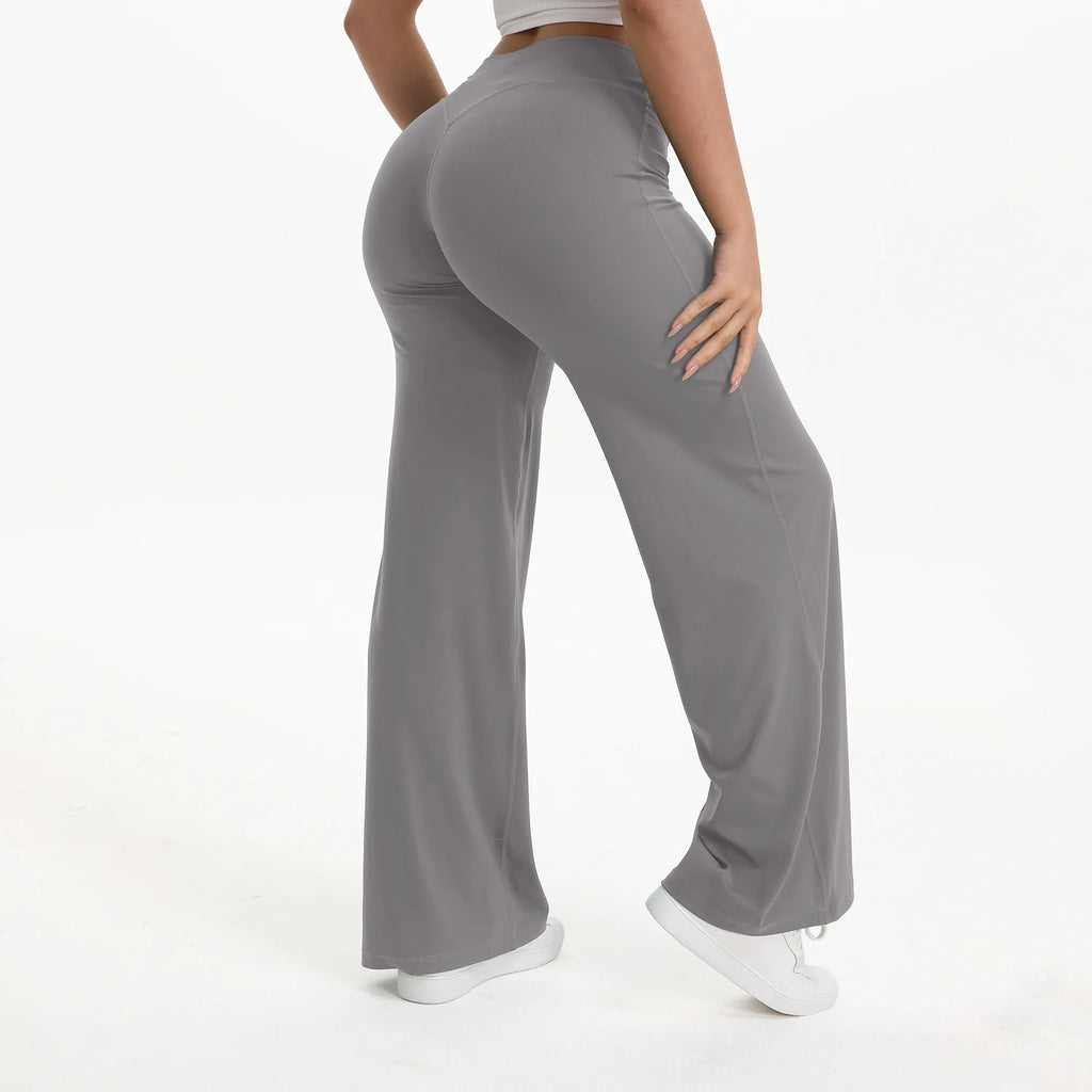 medium gray mid waist straight leg yoga pants on model