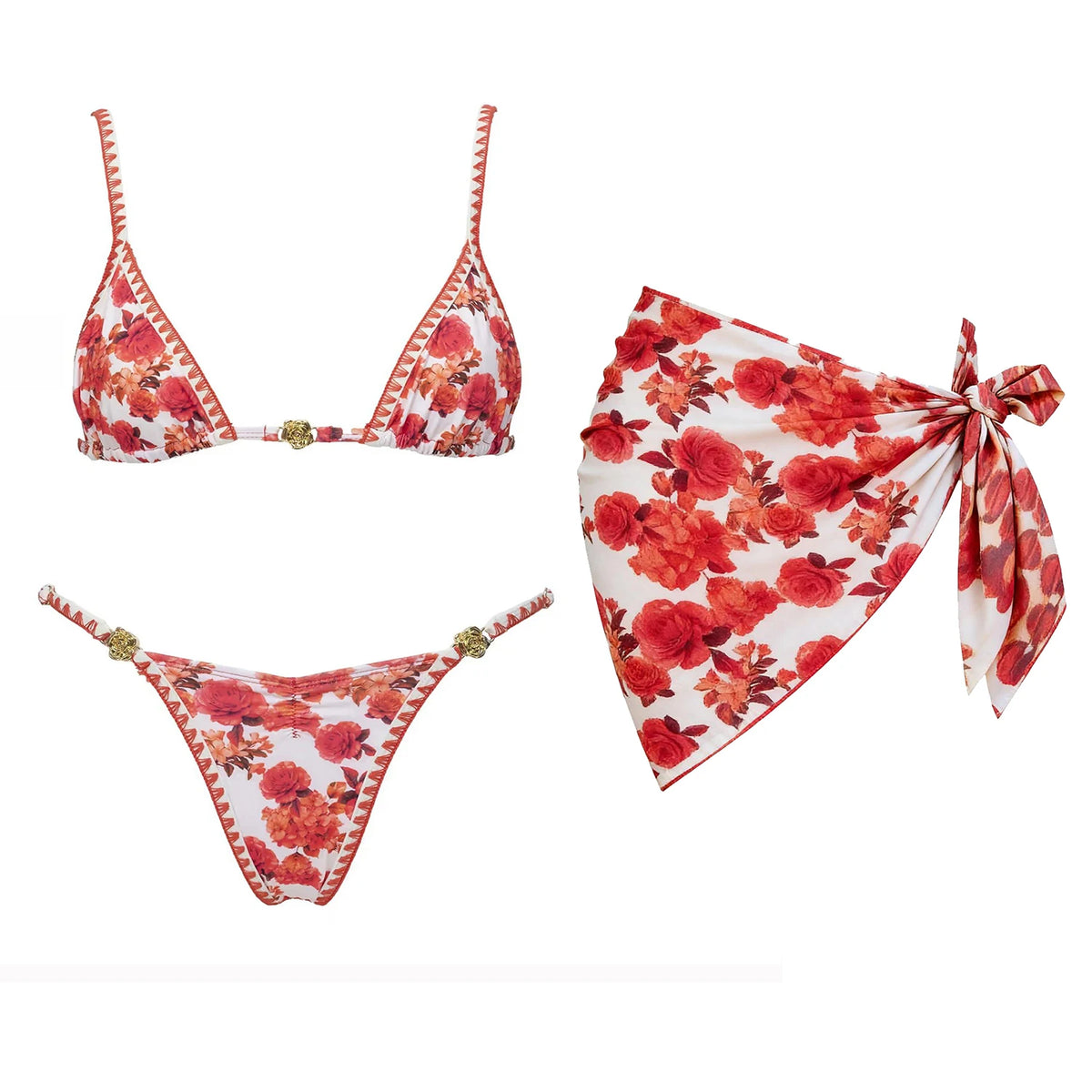 Red floral triangle micro bikini with beaded Brazilian thong and matching floral sarong flat lay