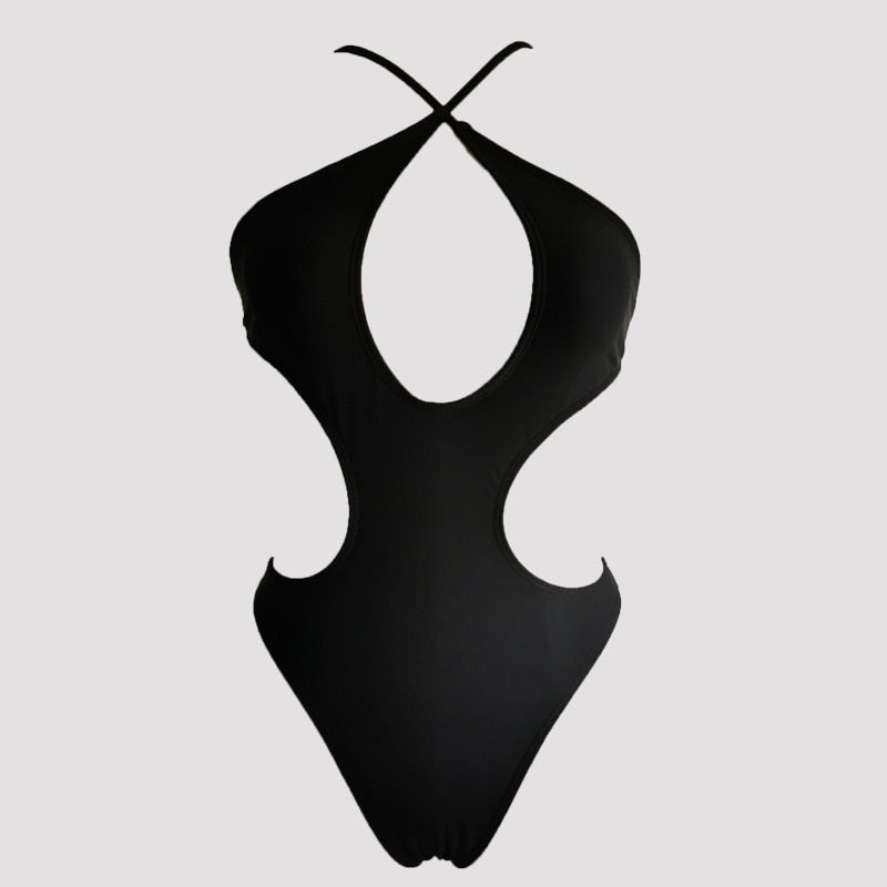 Solid Hollow Out One Piece Thong Monokini