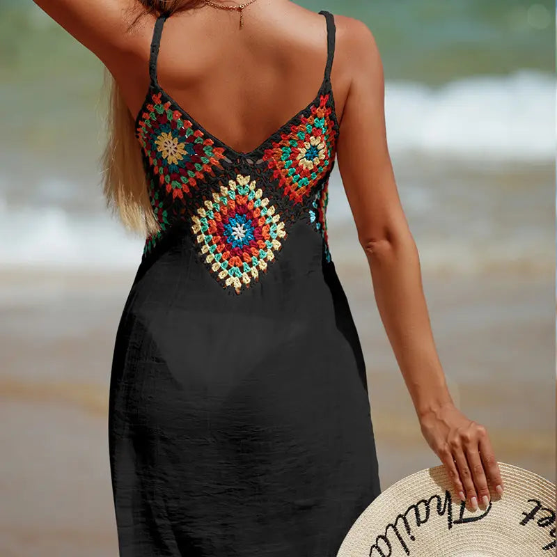 Vestido de playa hueco con cuello en V colorido bohemio de verano