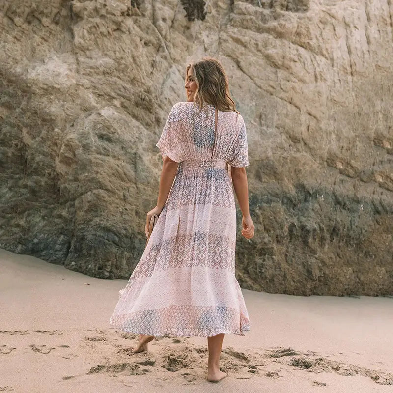 Vestido de playa floral irregular bohemio para mujer