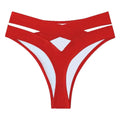 Wine red high-waisted cutout bikini bottom with white-trim style cutout bands