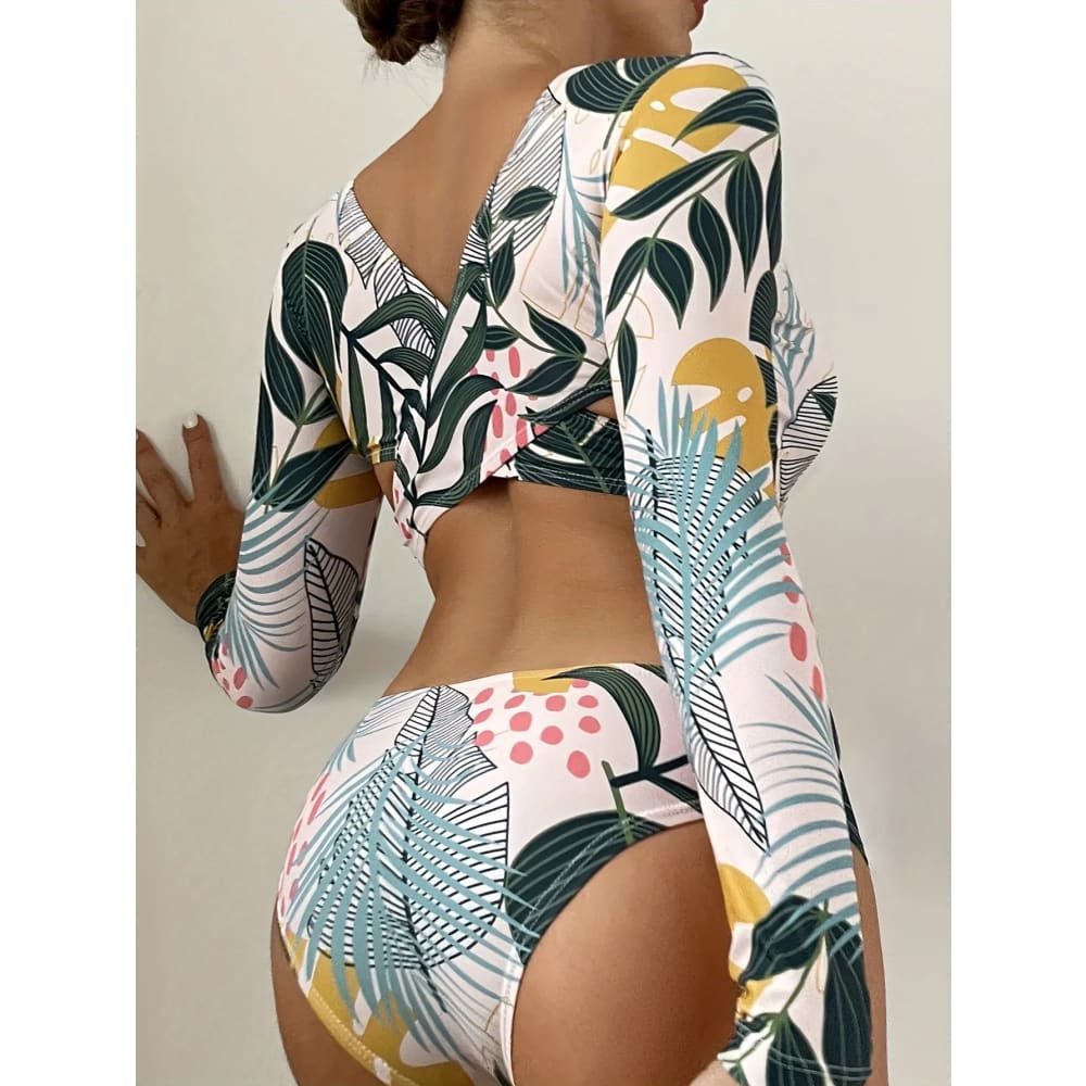 Tropical Print Long‑Sleeve Backless High‑Cut One‑Piece - On sale