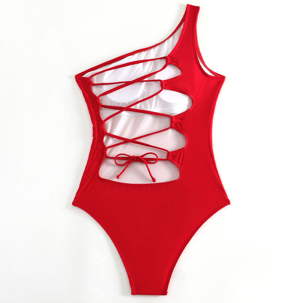 Asymmetrischer brasilianischer Badeanzug mit einer Schulter und einfarbigem Cut-out und Schnürung hinten
