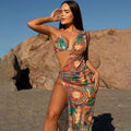Multicolor triangle bikini with matching asymmetrical tropical cover-up, ruched waist detail