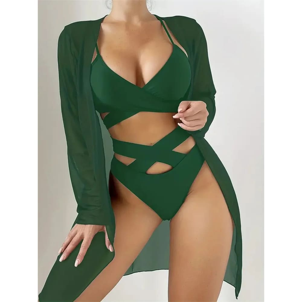 3‑Piece Mesh Cover‑Up Bikini Set with Push‑Up Top - green / S On sale