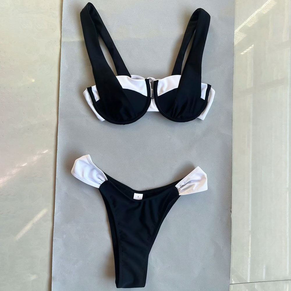 Bikini deux pièces brésilien balconnet taille haute noir et blanc