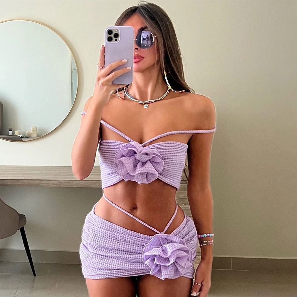 ボヘミアン ロゼット ハルター バンドゥ クロシェ ニット ブラジリアン 3点セット ビキニ 水着