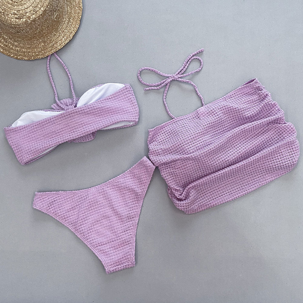 ボヘミアン ロゼット ハルター バンドゥ クロシェ ニット ブラジリアン 3点セット ビキニ 水着
