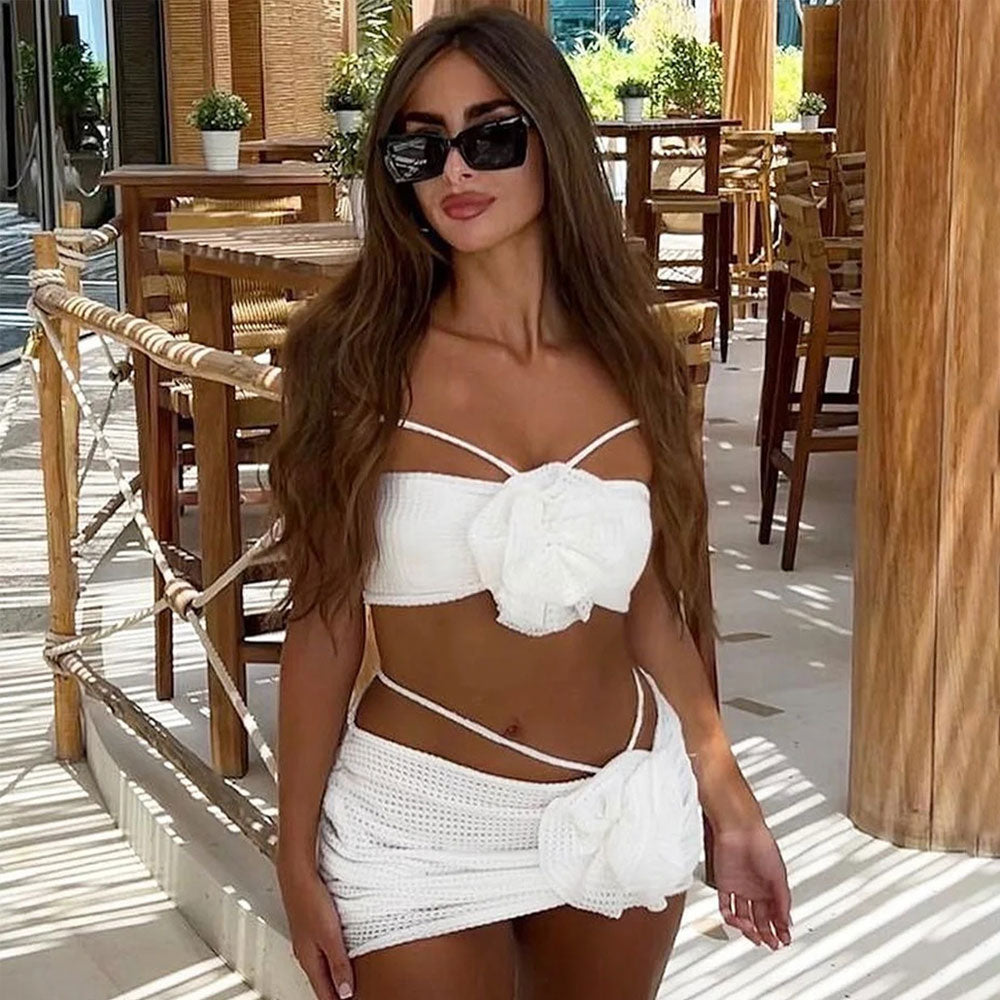 ボヘミアン ロゼット ハルター バンドゥ クロシェ ニット ブラジリアン 3点セット ビキニ 水着