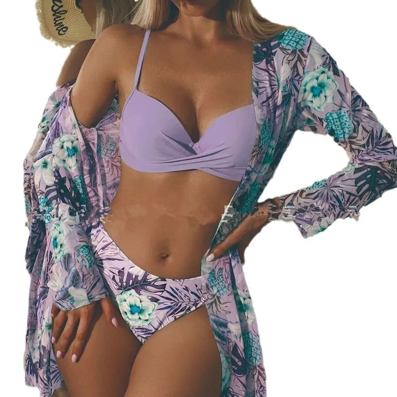 3‑Piece Floral Push‑Up Bikini & Kimono Cover‑Up Set - On sale