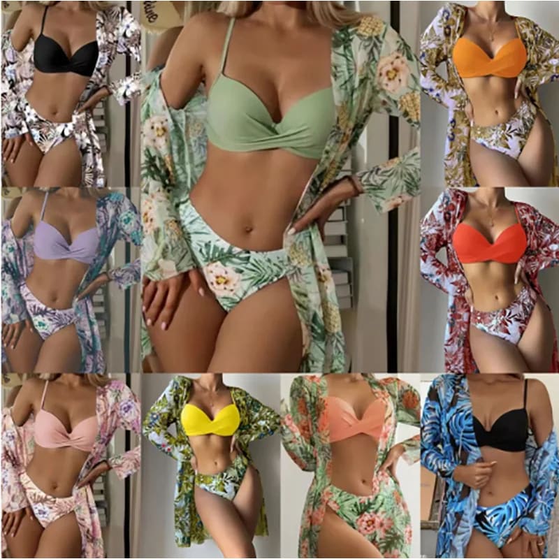 3‑Piece Floral Push‑Up Bikini & Kimono Cover‑Up Set - On sale