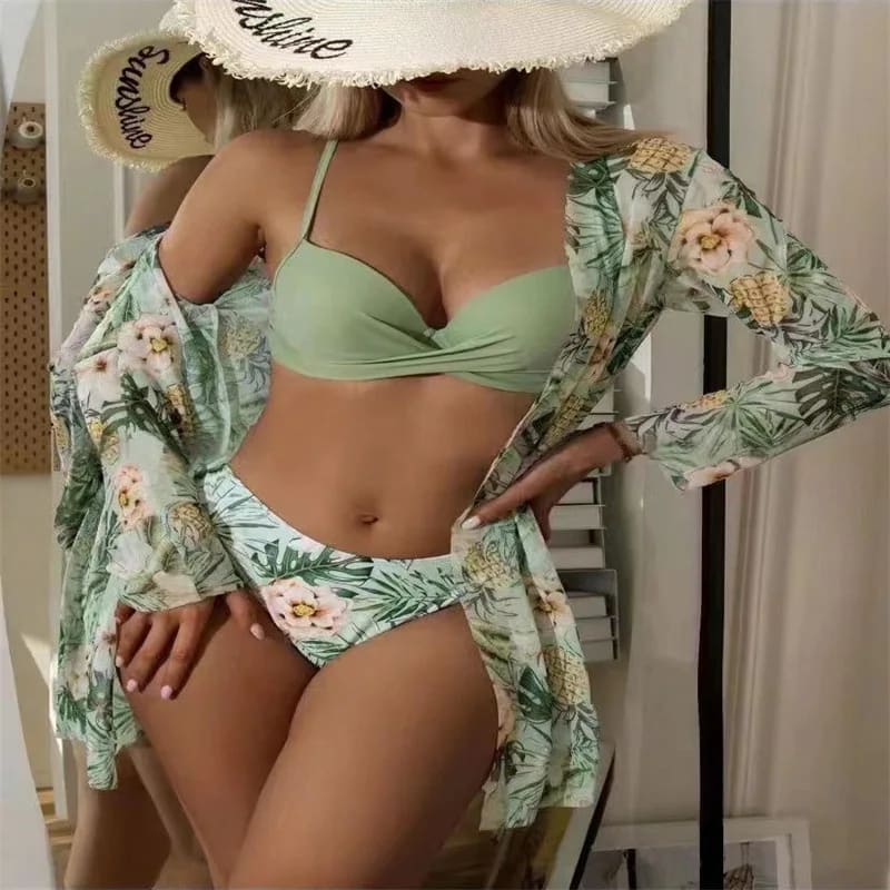 3‑Piece Floral Push‑Up Bikini & Kimono Cover‑Up Set - Green / S On sale