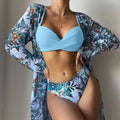 Light blue floral 3-piece push-up bikini set with matching kimono cover-up