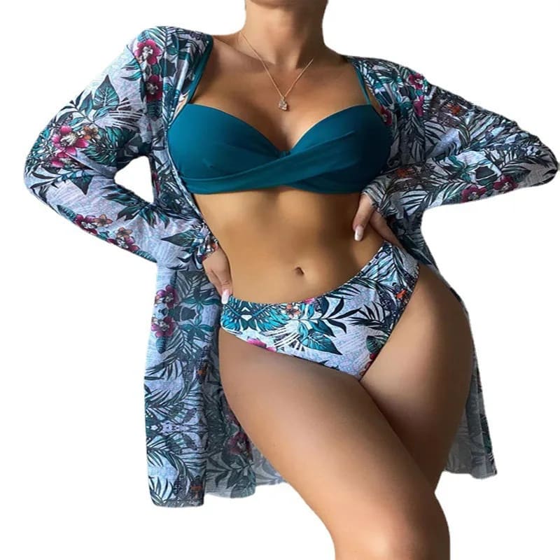 3‑Piece Floral Push‑Up Bikini & Kimono Cover‑Up Set - Malachite green / S On sale