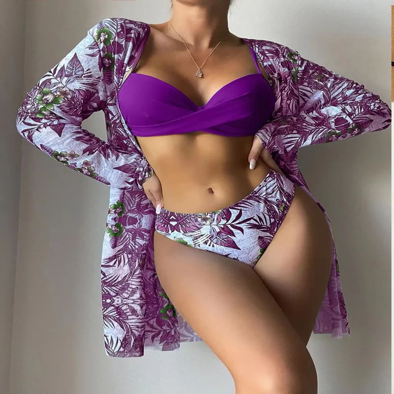 3‑Piece Floral Push‑Up Bikini & Kimono Cover‑Up Set - Purple / S On sale