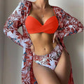 Red floral 3-piece push-up bikini set with matching kimono cover-up