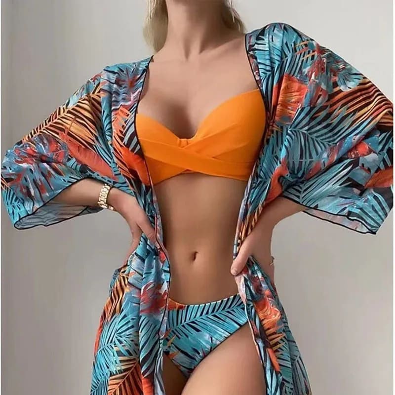 3‑Piece Floral Push‑Up Bikini & Kimono Cover‑Up Set - Sunflower color / S On sale